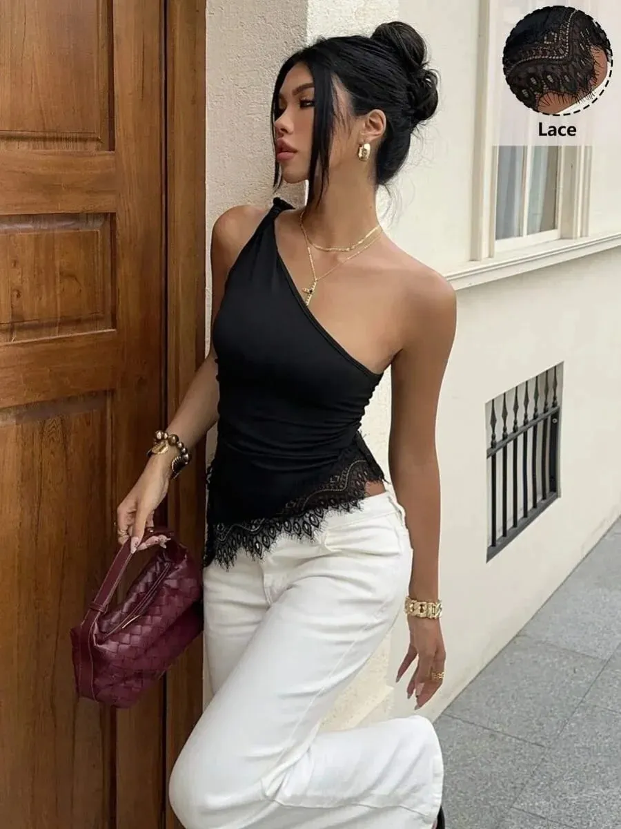 Women Black Lace Patchwork Twist Knot One Shoulder Top Summer Casual Y2K Street Style Backless Ruched Slim fit Crop Top