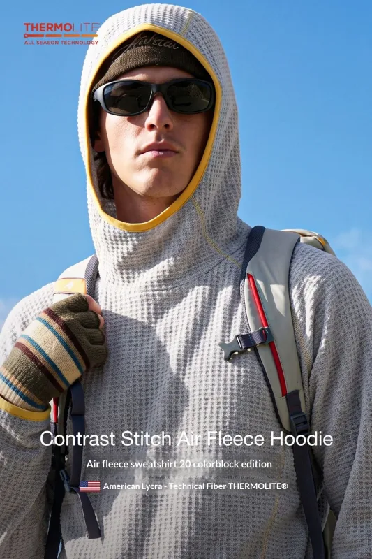 THERMOLITE® Men's Lightweight Air Fleece Hoodie Contrast Stitch Thermal Pullover Sweatshirt Quick Dry Outdoor Athletic Tech Top