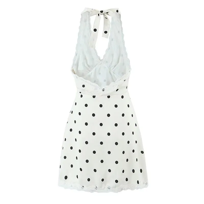 Vestido de encaje empalmado con lunares y cuello Halter para mujer, minivestido Sexy de corte a con espalda descubierta, bata de verano 2025