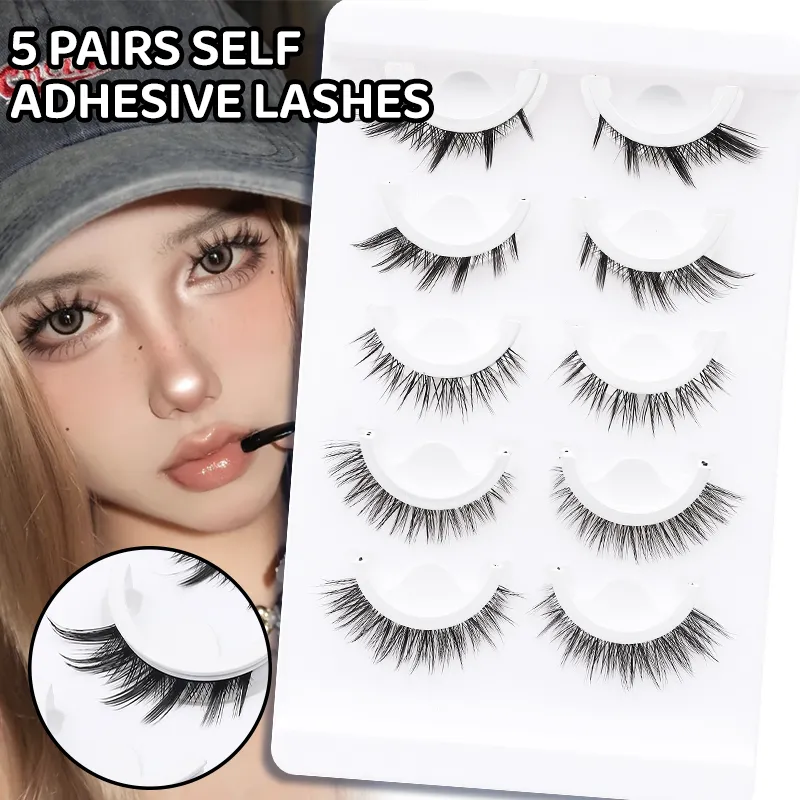 5 pares de cílios postiços autoadesivos estilo misto mangá, sem cola, reutilizáveis, cílios naturais para maquiagem diária dos olhos — image 2
