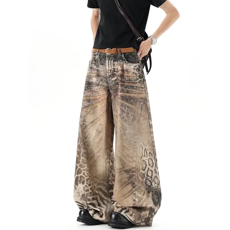 Washed Brown Distressed Leopard Printed Loose Men's Jeans Streetwear Casual Wide Leg Denim Long Pants Summer New