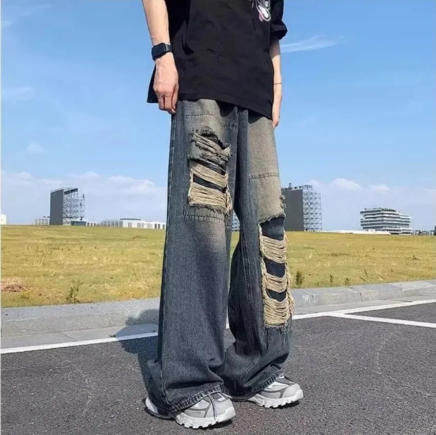 Men's Dark Vintage Wash Baggy Wide Leg Jeans Multi-layer Frayed Ripped Detail Hip Hop Street Style Casual Daily Street Outing Loose Denim Trousers