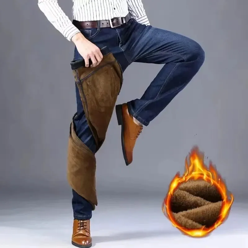 Men's Reflective Fleece-Lined Jeans - Thick Warm Lining Durable Denim & Reflective Trim Safe for Winter Night Commute & Casual