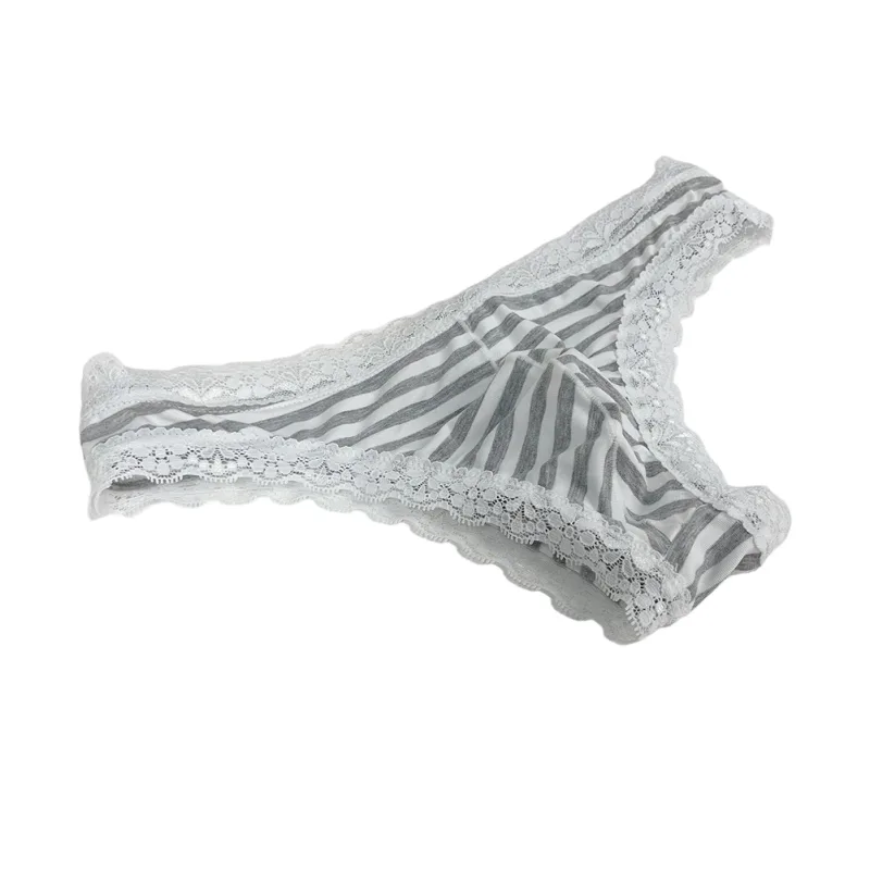 Men Lace Trim Striped G-string Underwear Half-covered Butt Low-rise Pantie Breathable Sexy U Bulge Pouch Comfortable Tong