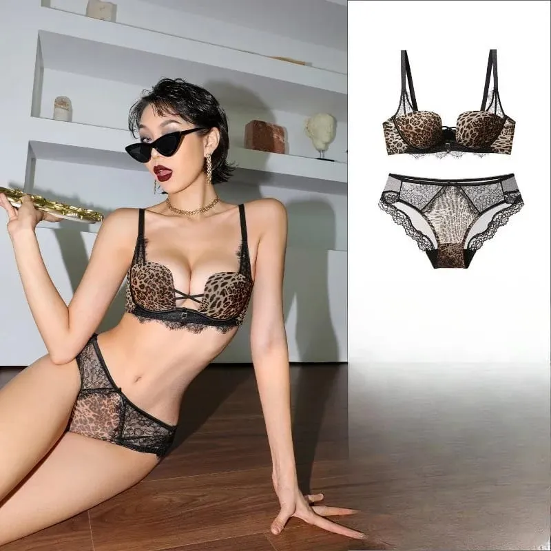 Fashion Leopard Bra Set Lift Up Support Push Up Soft Lace French Style for Ladies Home Daily Casual Wear All Seasons S-XL Suit