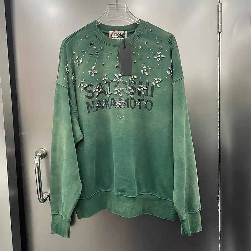 26FW Heavy Fabric Cotton Loose Rhinestone Rivet Satoshi Nakamoto Sweatshirts Men Women Vintage Charcoal Gray Green Pullovers — image 24