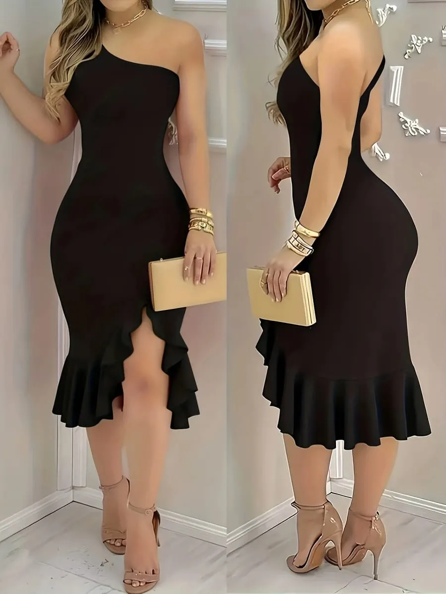 Ladies Asymmetrical Hemline Sleeveless Backless Gown with Ruffle Detail Spring Summer Shoulder Bared Asymmetric Skirt Dress