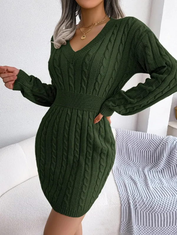 VigoCasey 2026 V Neck Casual Short Knit Dress Autumn Winter Women Solid Long Sleeve Dress Lady Khaki Bodycon Knitted Dresses