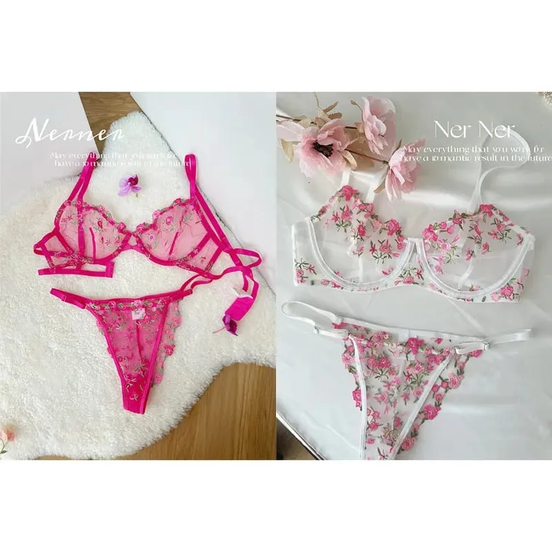 Transparent Floral Lace Embroidery Bra Set Summer Thin Minimizer Underwear Soft Breathable Full Bust Female Home Daily Wear S-XL — image 17