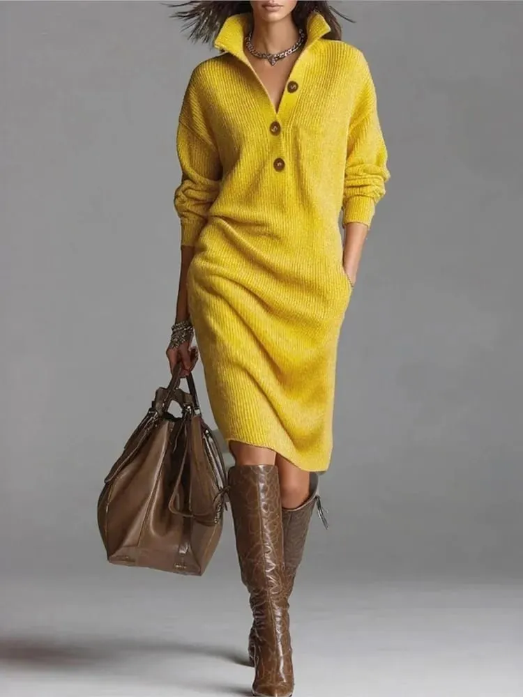 New Autumn Casual Button Loose Straight Knitting Mid-Length Sweater Dresses Women's Fashion Lapel Long Sleeve Pocket Party Dress