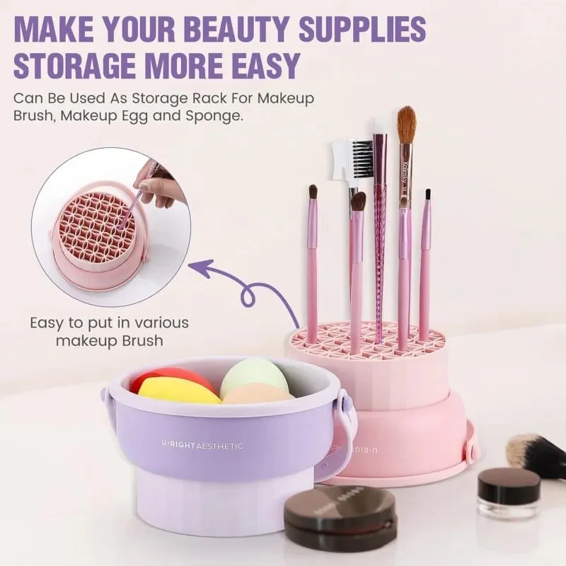 Makeup Brush Cleaner Mat 3 in 1 Silicone Washing Bowl with Brushes Scrubber Foldable Powder Puff Cosmetic Sponge Drying Tools