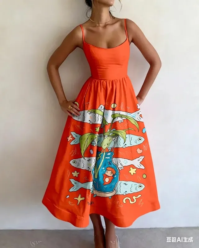 Summer Women Print Bodycon Dress Sling Cold Shoulder High Waist A-line Maxi Dresses Beach Party Gowns Casual Vestidos Fashion