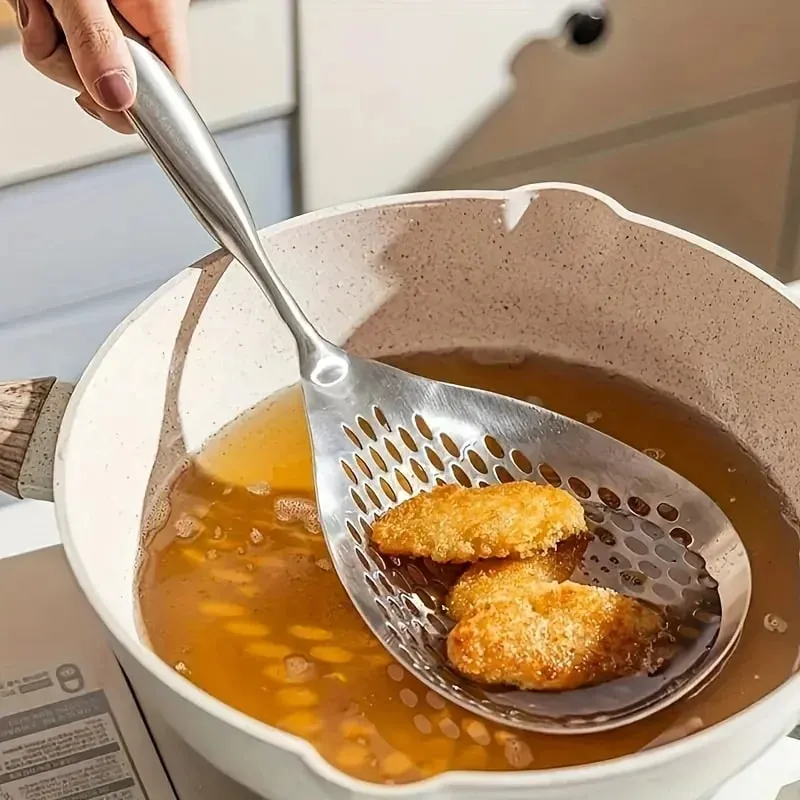 1pc Large Durable Stainless Steel Colander Skimmer Spoon Heavy Duty Food Strainer Spoon for Frying & Cooking Kitchen Utensils
