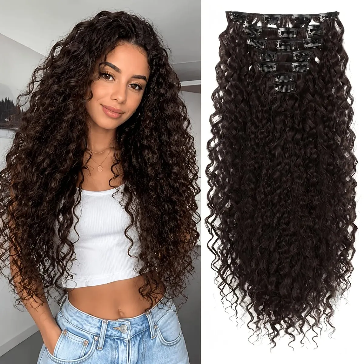 7pcs Clip In Curly Hair Extensions Suitable for Women - 50.8 cm Deep Wave Synthetic Hair with Clips Heat Resistant Fiber