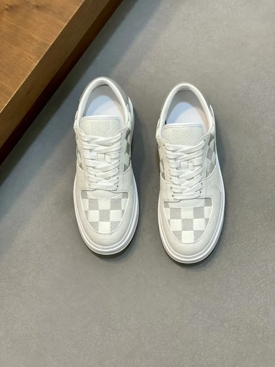 Grain Leather Low‑Top Skate Sneakers Grey White Checkerboard Print Patchwork Non‑Slip Rubber Sole Minimal Versatile Daily Walking Shoes