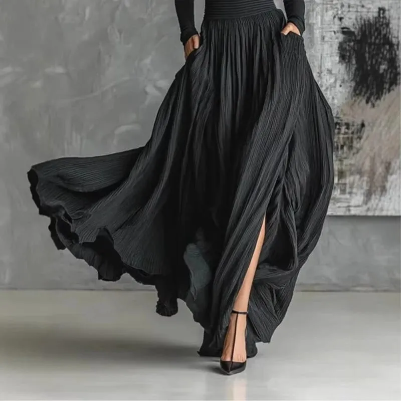 Set Skirt Dua Helai Anggun Perancis untuk Poket Wanita Labuh Berbelah Minimalis Pejal Garisan Berlipat Sut Slim Turtleneck Vintage