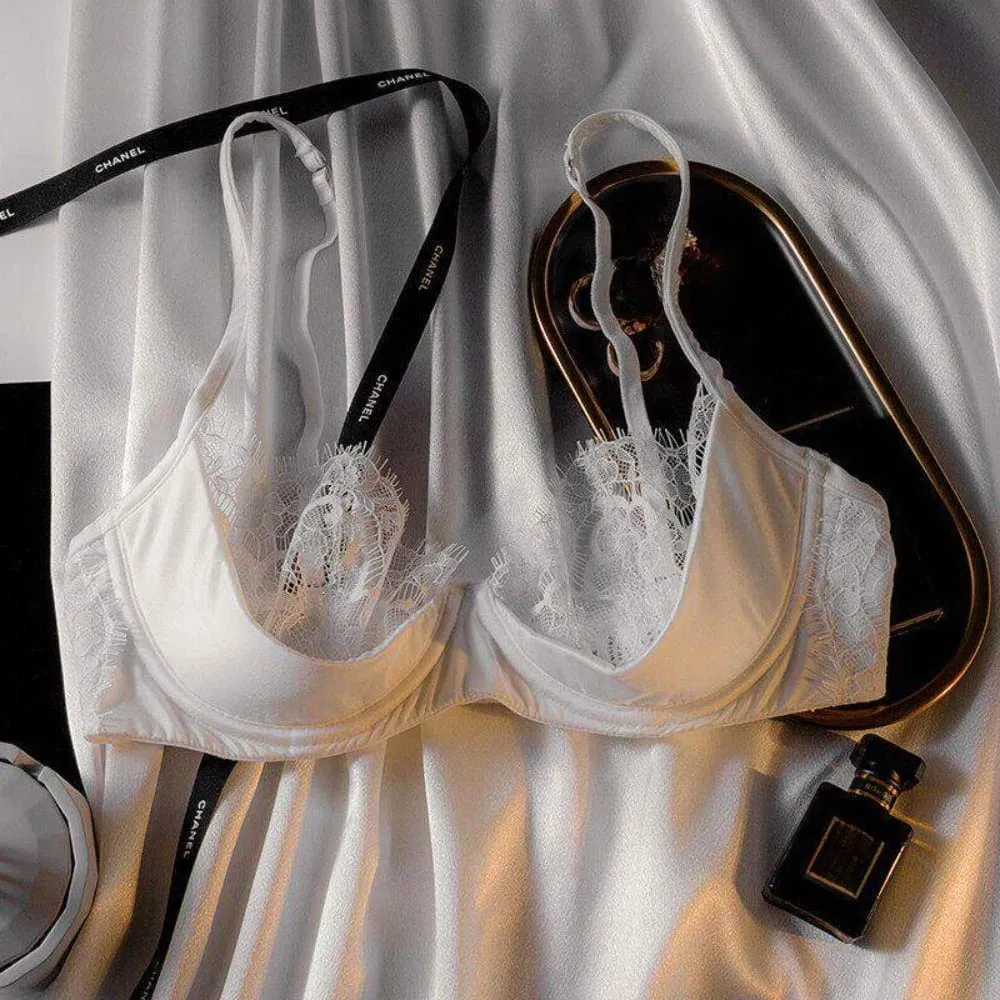 French Sheer Lace Lingerie Set Half Cup Thin Unlined Minimizer Bra Underwire Lift Support Large Bust Ladies Matching Briefs S-XL
