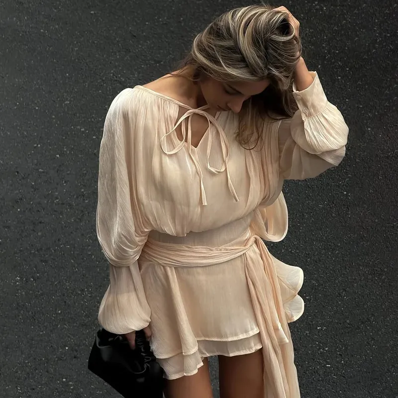 Ticketsx Summer Shiny One Shoulder Skinny Pleated Mini Dress Elegant Solid Ruched Long Sleeve Vestidos Lady Party Evening Dress
