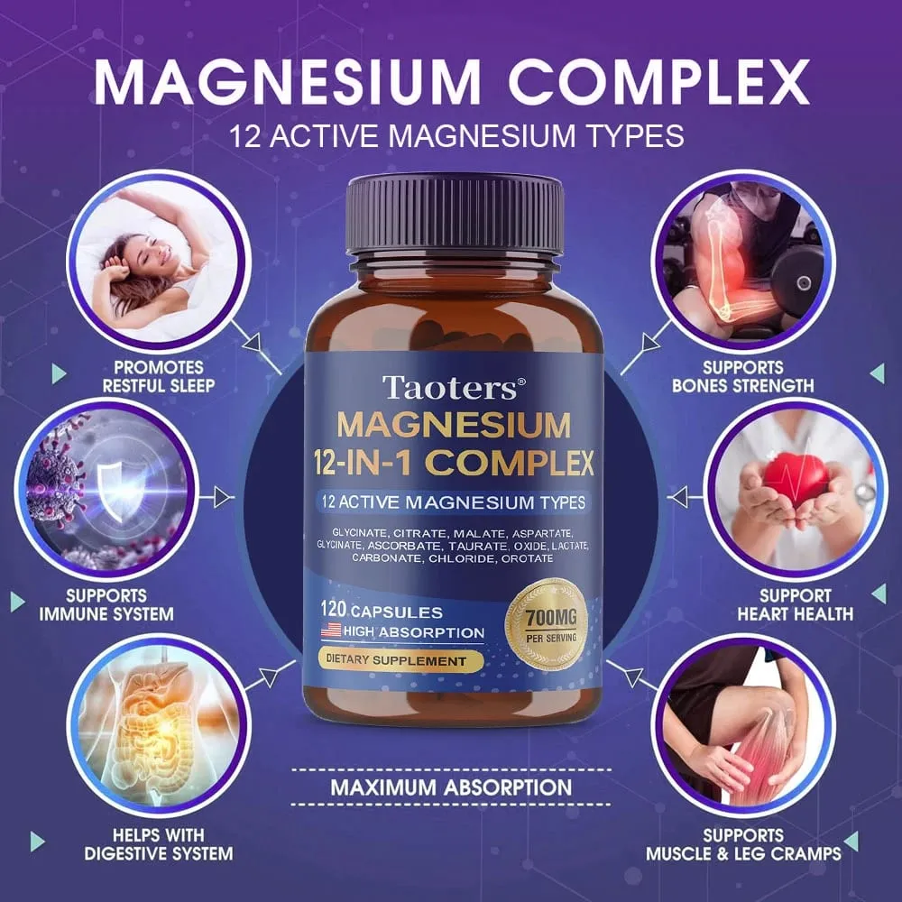 12-in-1 Magnesium Complex Supplement – ​​High Absorption Rate Supports Muscles Nerves and Sleep Suitable for Men and Women