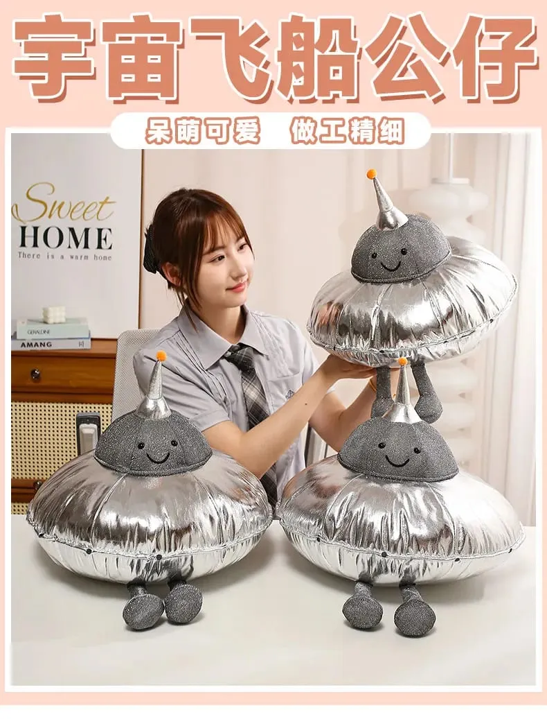 Cute UFO Plush Pillow Silver Metallic Flying‑Saucer Stuffed Toy Soft Alien Spaceship Plush Cushion Space‑themed Home Decor Gift
