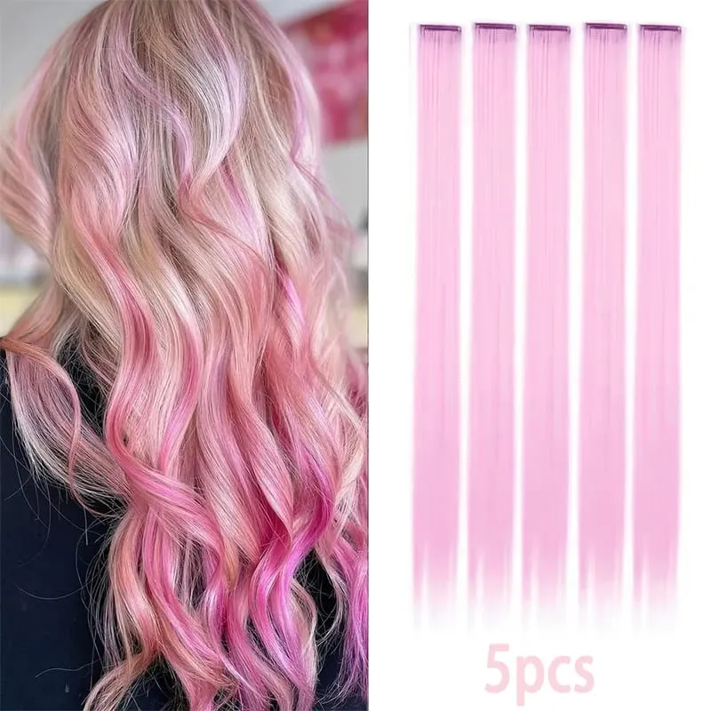 22Inch Synthetic Long Straight 5pcs Clip in Hair Extension Colored Rainbow Hairpieces for Women Daily Use
