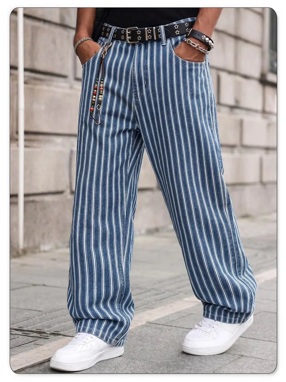 Men's Blue White Striped Jacquard Straight Leg Jeans Baggy Casual Pants Suitable for Work and Leisure Without Elasticity