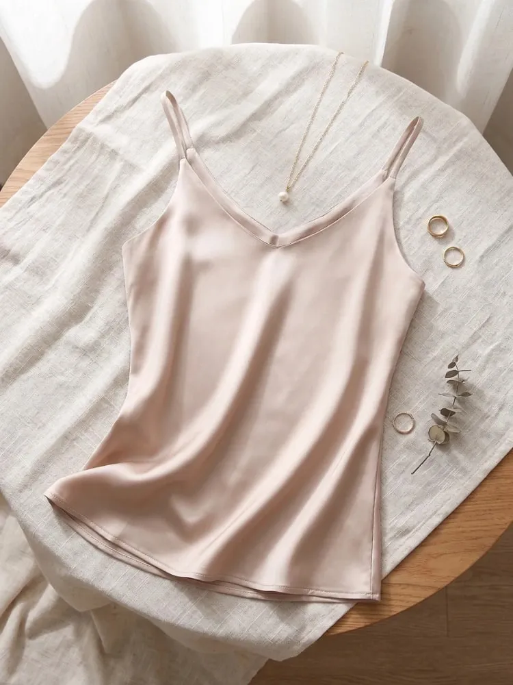2026 Summer Spaghetti Strap Women Tank Top Halter V Neck Basic White Cami Sleeveless Satin Silk Tops Women'S Camisole