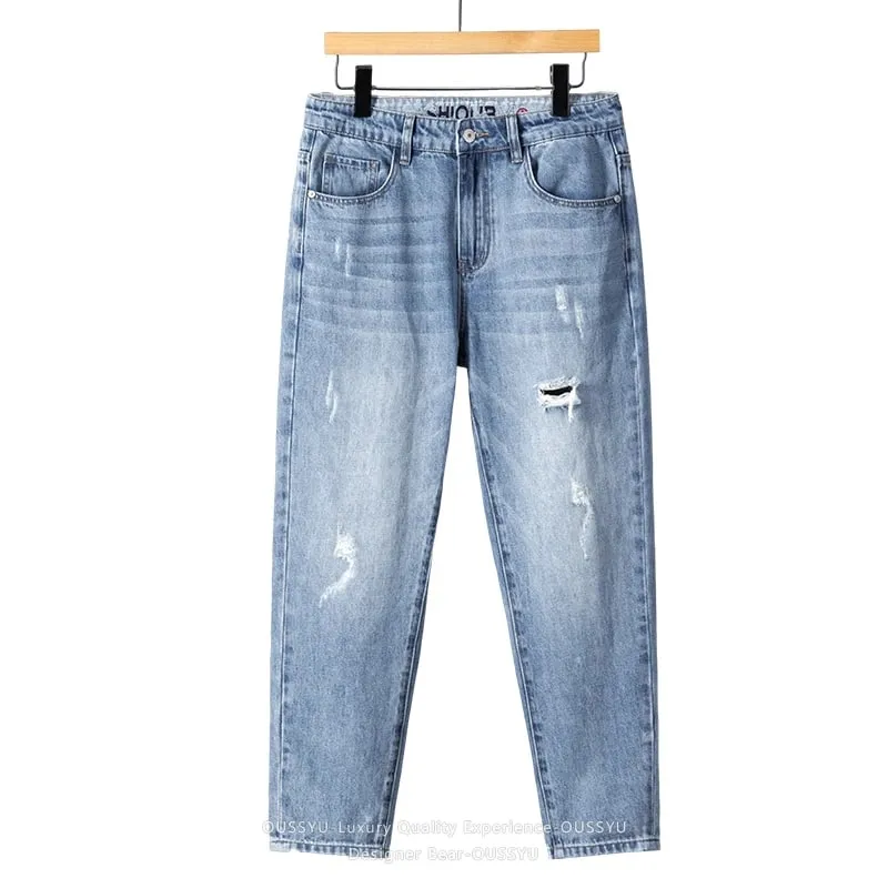 2026 Men's Spring Summer Ripped Hole Jeans Korean Style Straight Leg Casual Harem Denim Pants Distressed Washed Baggy Trousers
