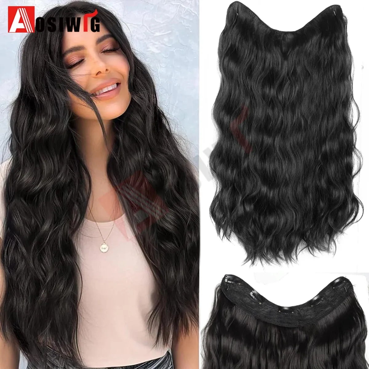 20Inch Synthetic Long Wavy Curly 5 Clip in Hair Extension Fashion Invisible V-shaped Heat Resistant Black Hairpiece for Women