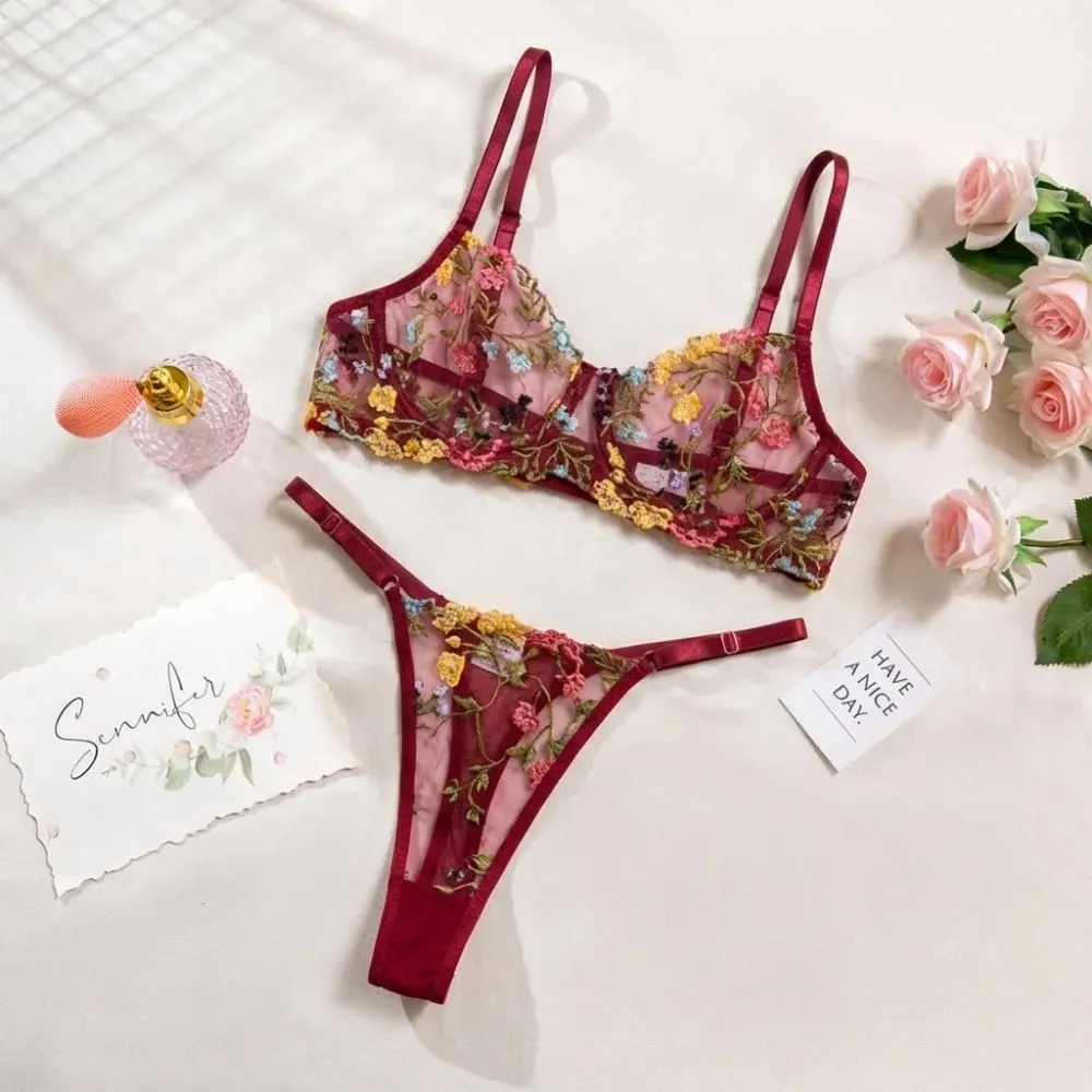 2dílná sada květinového spodního prádla Průsvitné všestranné spodní prádlo Intimky Výšivka Kostice Push-up Bra Kalhotky pro slečnu — image 7