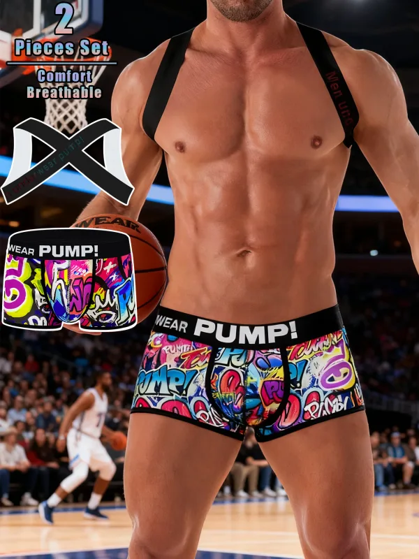 Men's 2-Piece Graffiti Print Boxer Brief & Shoulder Strap Set - "WEAR PUMP!" Logo, Comfort Breathable Athletic Underwear — image 3