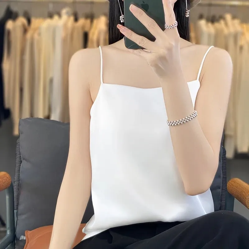 New Ice Silk Sexy Satin Strap Women's Spring/Summer Vest Solid Color Sleeveless Sexy Comfortable Silk Underwear Vest RW-D19