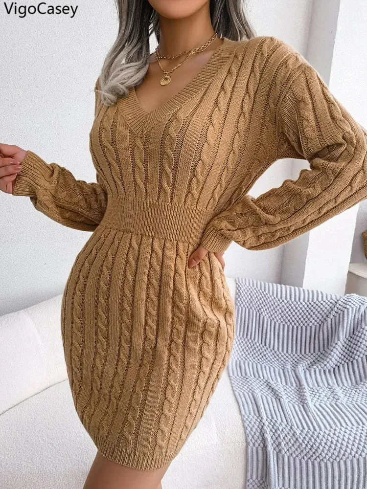 VigoCasey 2026 V Neck Casual Short Knit Dress Autumn Winter Women Solid Long Sleeve Dress Lady Khaki Bodycon Knitted Dresses