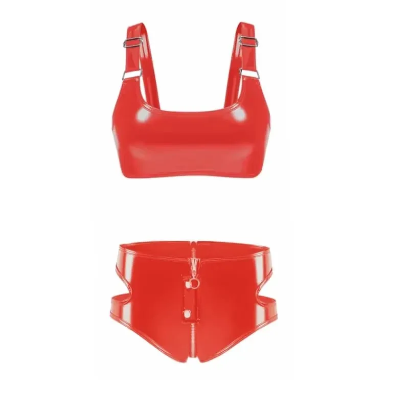 Women's Wet Look PVC Faux Leather Bra Lingerie Set Wire-Free Unlined Bralette Punk Zipper Crotch Briefs Clubwear New