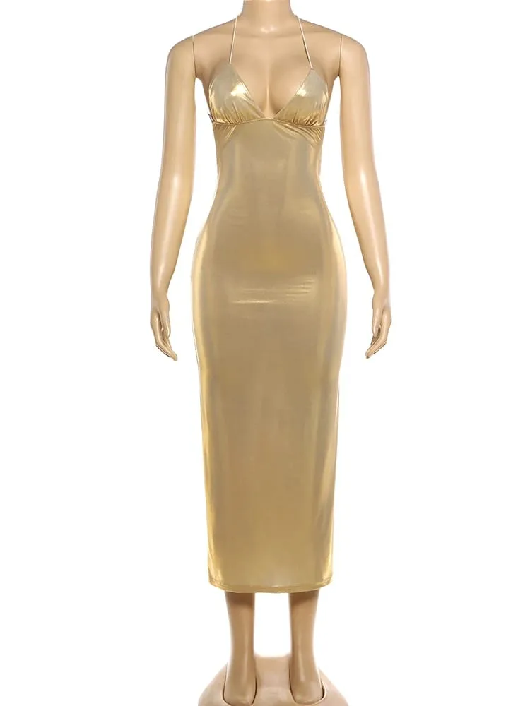 Kliou Sexy Gold Long Dress Woman 2026 Spring New Style Low-Neck Cross Butterfly Bandage Backless Vacation Beach Style Vestidos