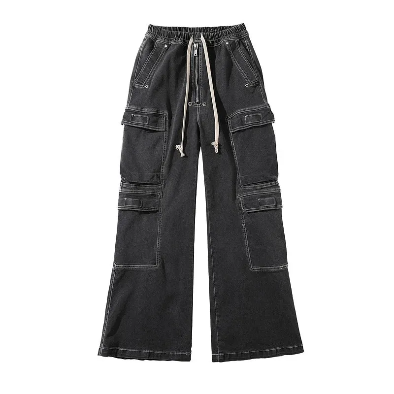 Rick RO style water-washed smoky gray gradient multi-pocket workwear straight-leg casual drawstring wide-leg bootcut loose jeans