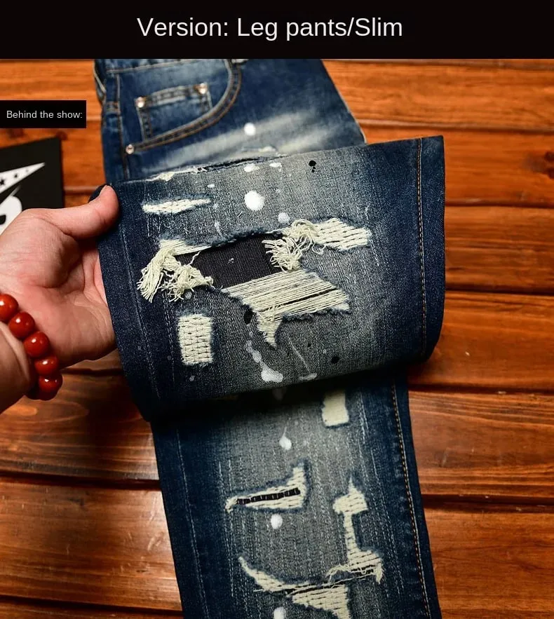 High end nostalgic jeans for men slim fit with small holes patches scraped inkjet street trend elastic retro denim pants — image 9