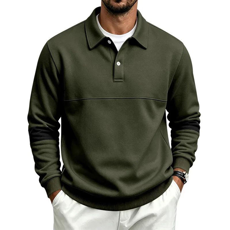 Men Lapel Polo Sweatshirt, Color Block Long Sleeve Pullover, Loose Solid Casual Top for Spring Autumn Daily Outfit