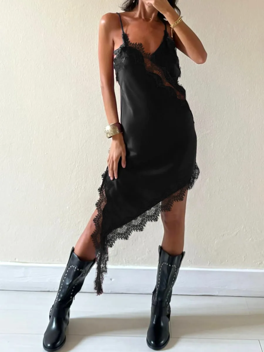 Satin Sexy Lace Spliced Short Sling Dress Women Sleeveless Backless Asymmetric Sexy Party Dresses 2025 Summer Lady Dress