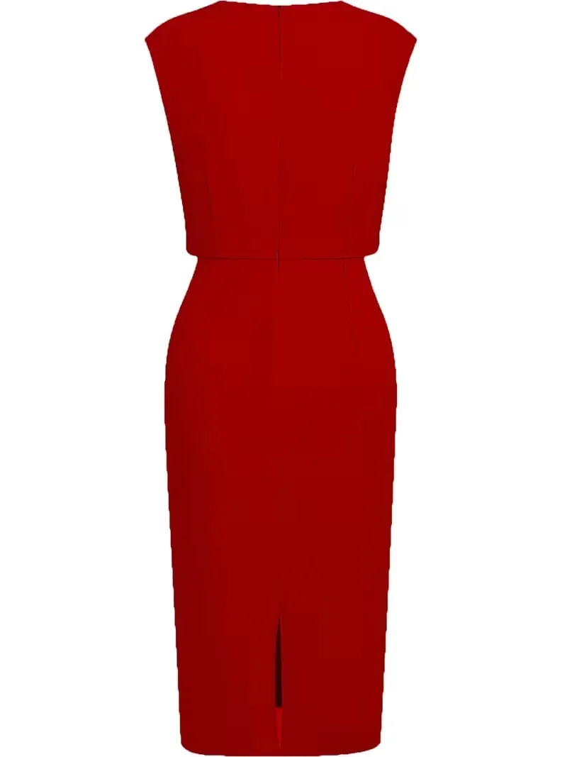 Women Red Elegant Sleeveless V Neck Ruched Slim Work Cocktail Party Summer Bodycon Pencil Midi Dress