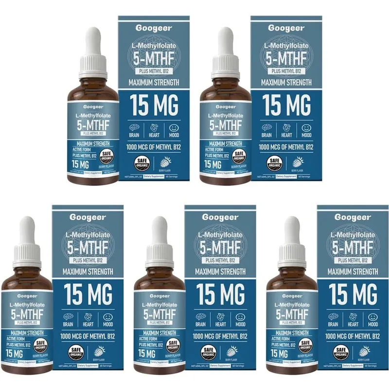 Googeer L-Methylfolate 5-MTHF Liquid Drops with Methyl B12 15mg 1000mcg Maximum Strength Heart Brain Mood Support 60ml