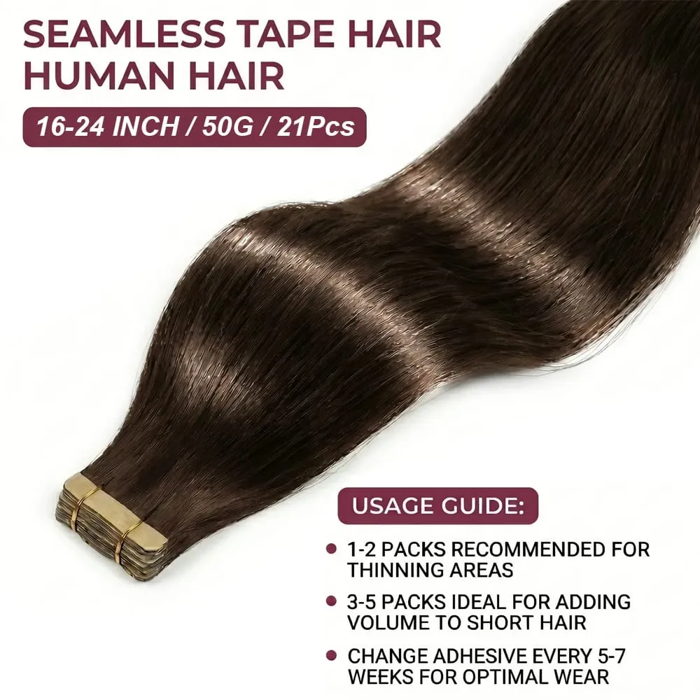 Tape in Hair Extensions 14A Straight 100% Human Hair #4 Brown Virgin Remy Hair Extensions 21pcs 50g Pack Invisible Skin Weft 18 20 22 Inch