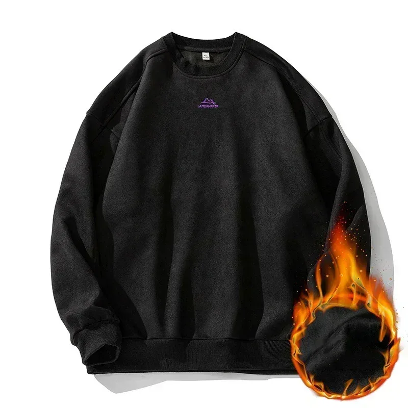 Brand Suede Sweatshirts for Men 2026 New Autumn Winter Clothing Baggy Vintage Pullovers Couples O Neck Oversize Blouse