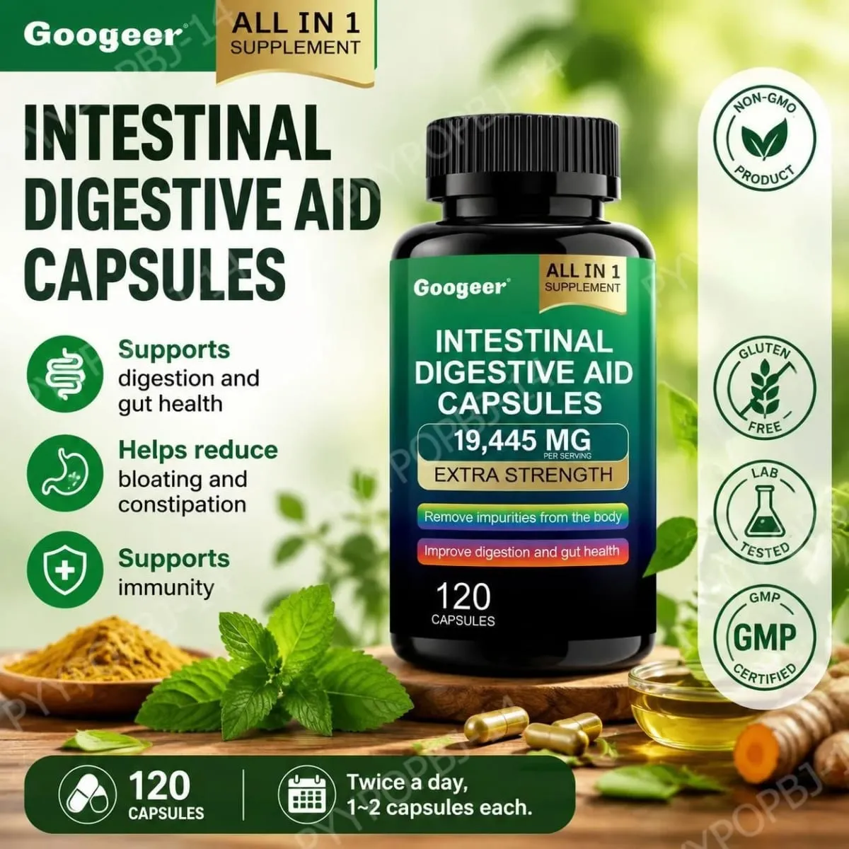 Googeer Intestinal Digestive Aid Capsules Fish Oil Extract Supports Digestion and Gut Health Supports Immunity 120 Capsules — image 1