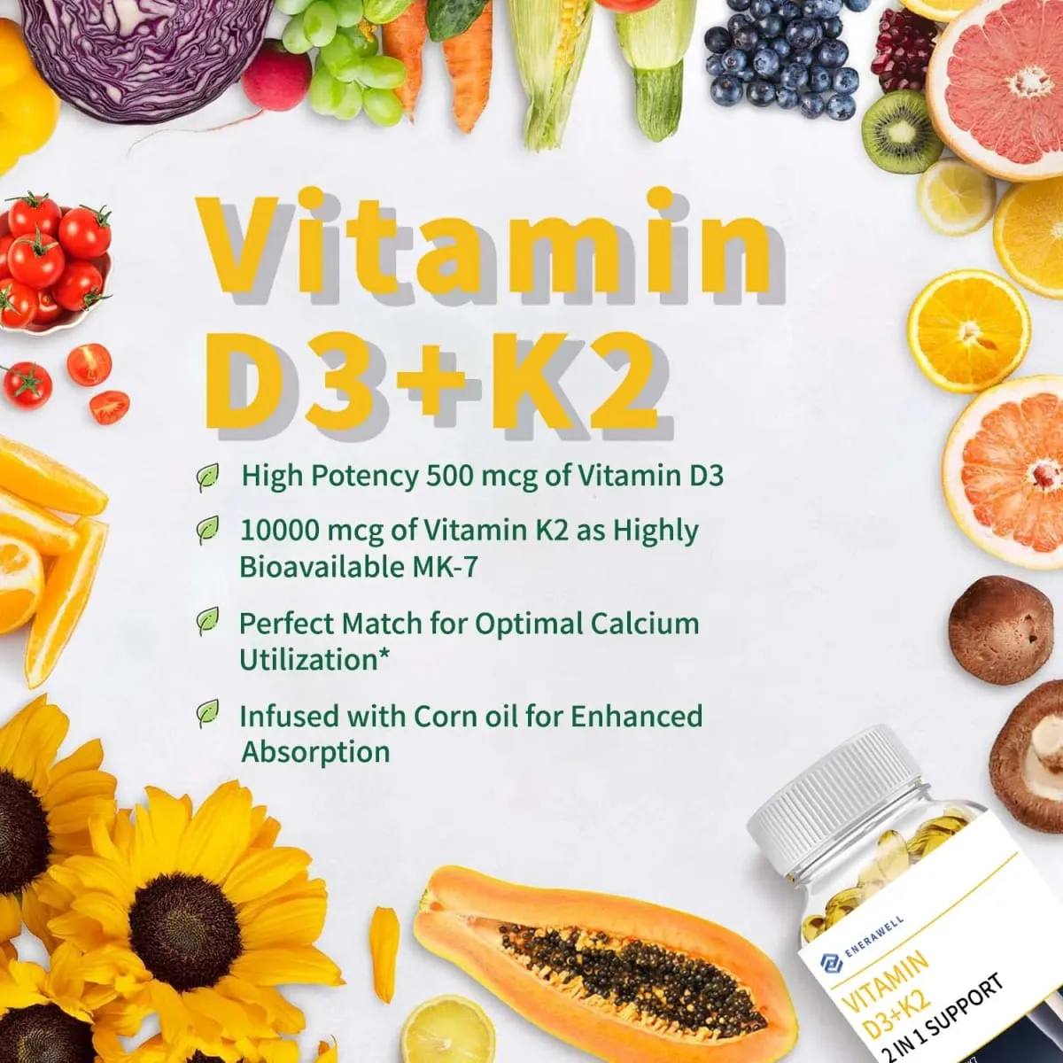 Vitamin D3 K2 MK‑7 Supplement Nutrient Support for Bone Wellness Teeth Heart Health & Immune Function 120 Capsules