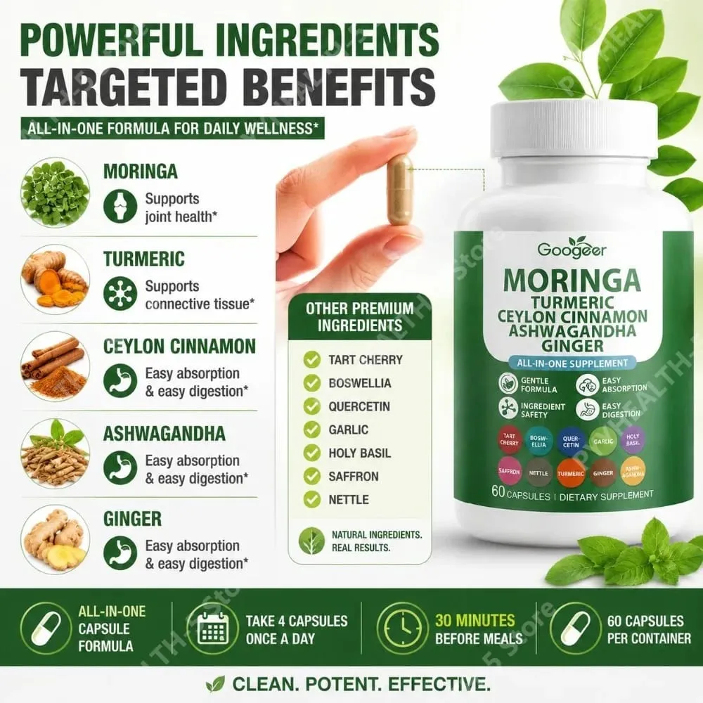 Googeer Moringa Turmeric Capsules All-in-one for Joint Health Support with Ashwagandha Ginger and Ceylon Cinnamon 60 Capsules
