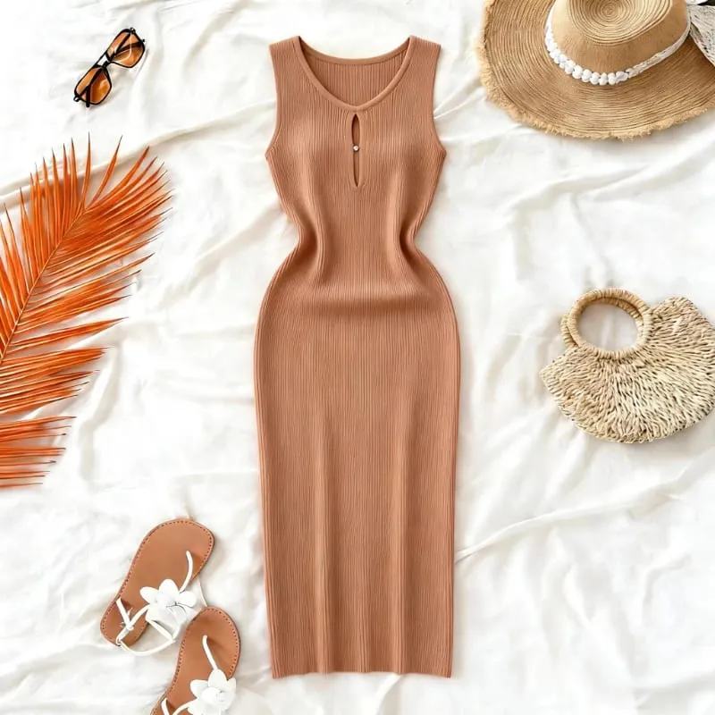 Women's Solid Summer Blue Pink Midi Dress Sleeveless Stretchy Knit Ribbed Keyhole Cutout Bodycon Sundress Party Vacation Dress