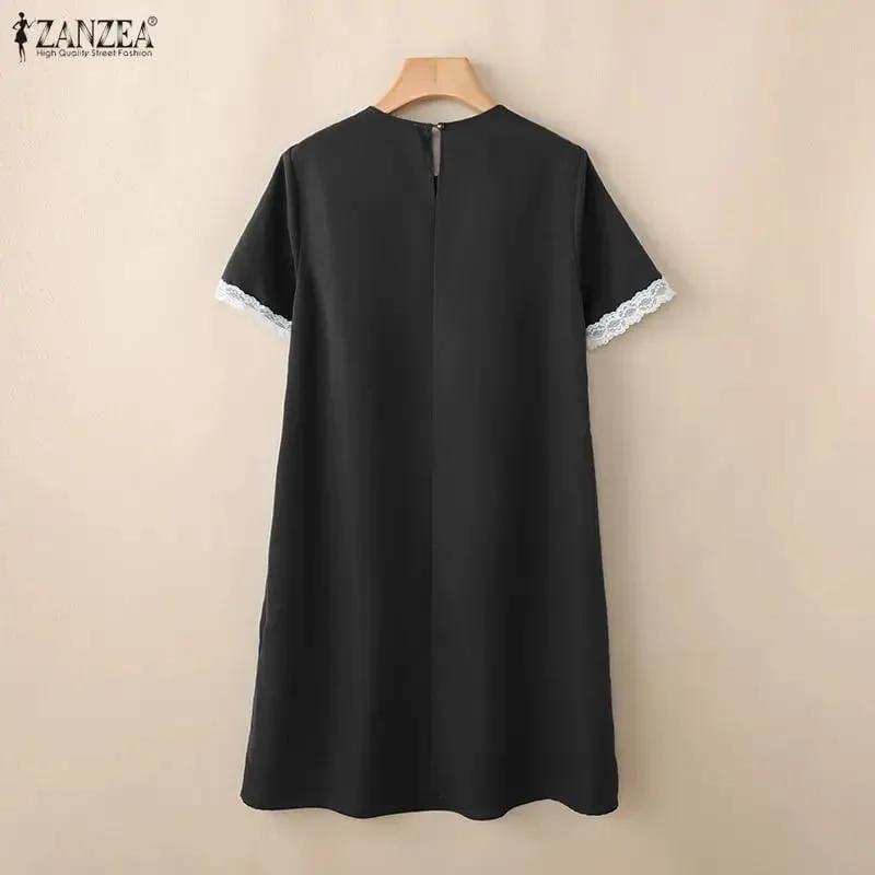 Women Summer Loose Knee-Length Dress Lace Patchwork O-Neck Short Sleeve Pockets Solid Color Dresses ZANZEA Everyday Wear Robes