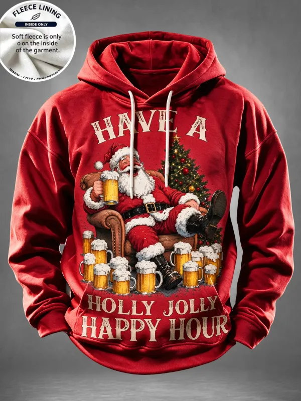 Men Fleece Lined Hoodie Santa Beer Christmas Tree Print Pullover Hooded Sweatshirt Holiday Hoody