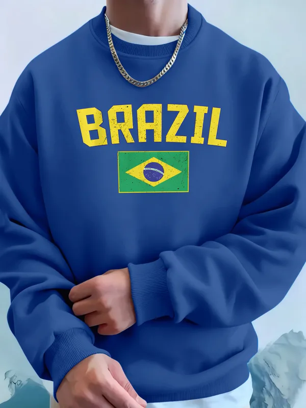Brazil Letter And Flag Prints Man'S Pocket Streetwear Street Basic Hoody Crewneck Sport Sweatshirts Fleece Trendy Pullovers